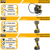 Ikonografika zestawu JCB PRO18V-SERVKIT-zestaw-1 smarownica 700 bar ciśnienie do 6000 psi prędkość 100-300 g/min światło LED klucz udarowy moc robocza 400Nm moment zrywający 620Nm bezszczotkowy silnik 4 tryby mocy klucz udarowy moc robocza 250Nm moment zrywający 280Nm bezszczotkowy silnik