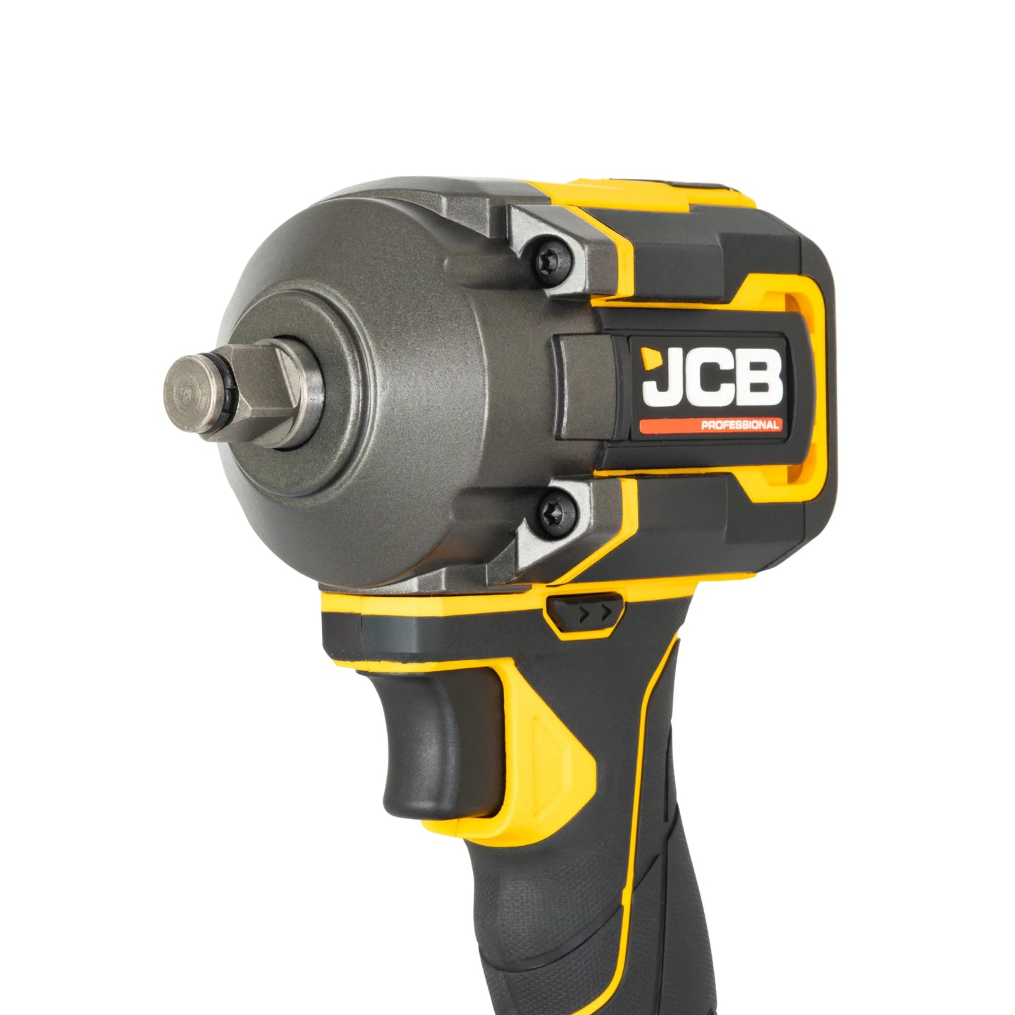 Zbliżenie na głowicę klucza udarowego JCB 18V z zestawu JCB-PRO18V-SERVKIT-zestaw-1 żółto-czarna z końcówką 1/2 ujęcie z boku