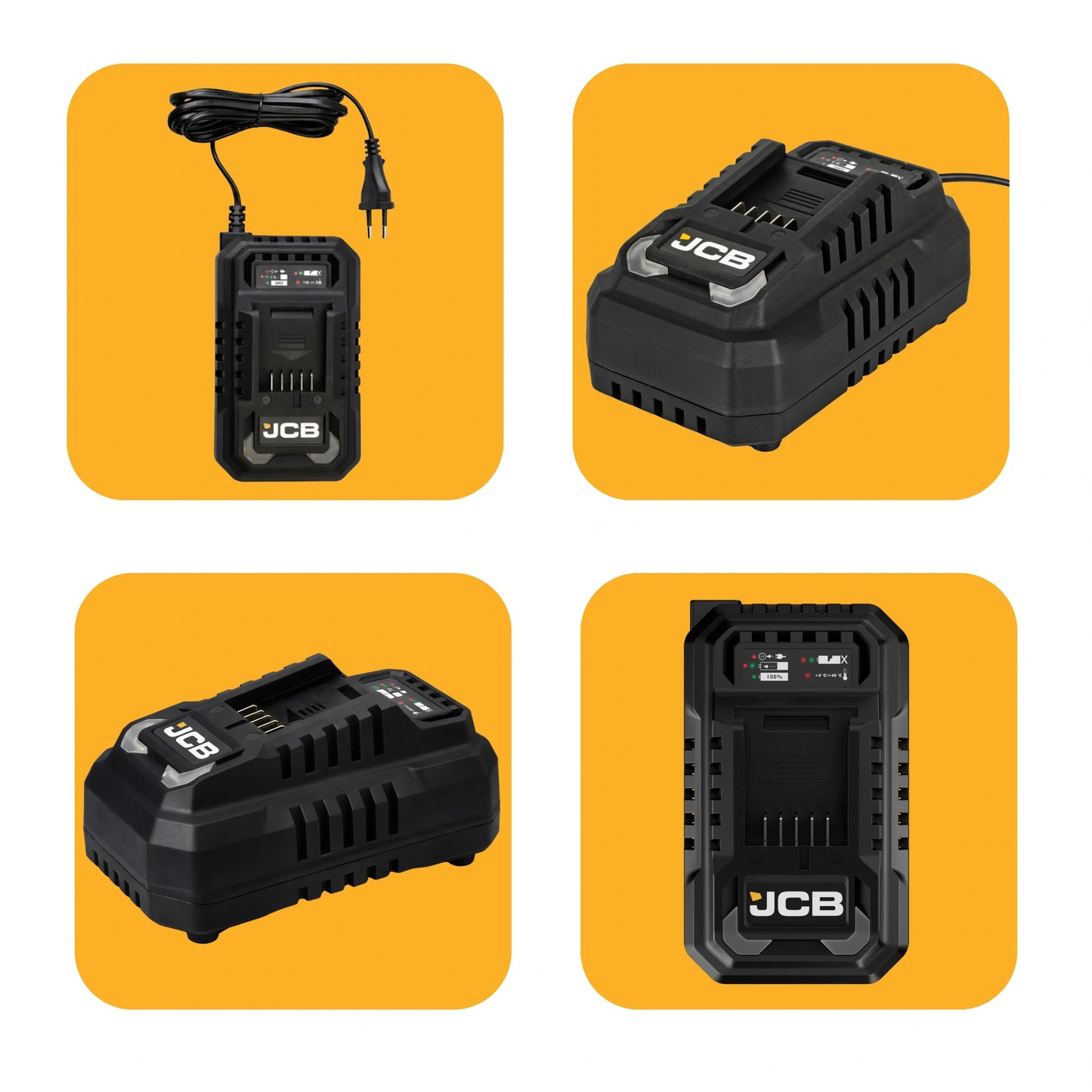 Ładowarka JCB 18V z zestawu JCB-PRO18V-SERVKIT-zestaw-1 czarna cztery ujęcia przód z kablem zasilającym bok perspektywa i przód z panelem wskaźników
