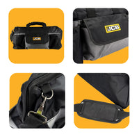 Torba narzędziowa JCB Site System z zestawu JCB-PRO18V-SERVKIT-zestaw-1 czarna cztery ujęcia przód z logo otwarta od góry tył i spód z twardą podstawą i kółkami