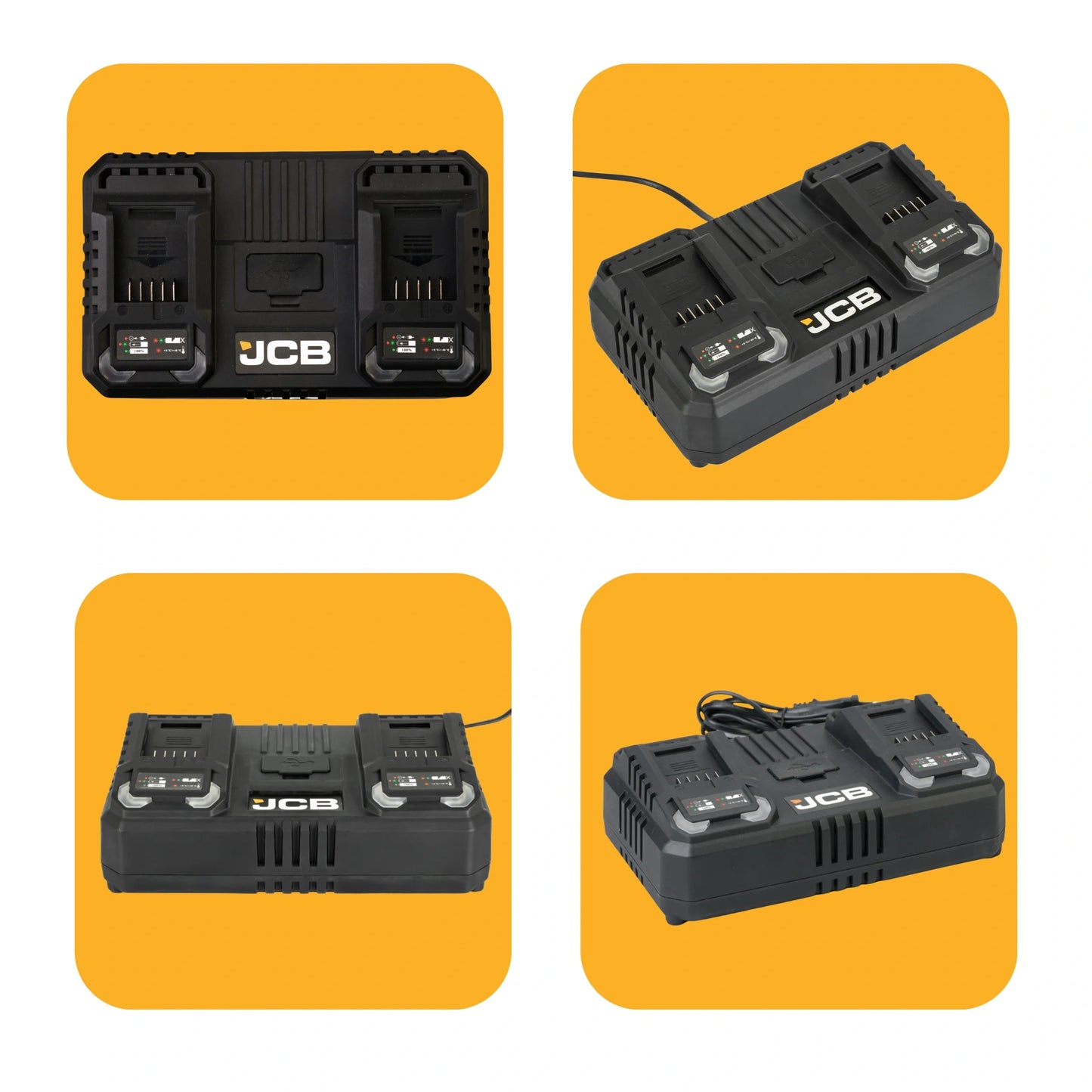 Ładowarka JCB 18V Dual Charge czarna cztery ujęcia z kablem zasilającym z przodu z boku i od tyłu z panelem wskaźników