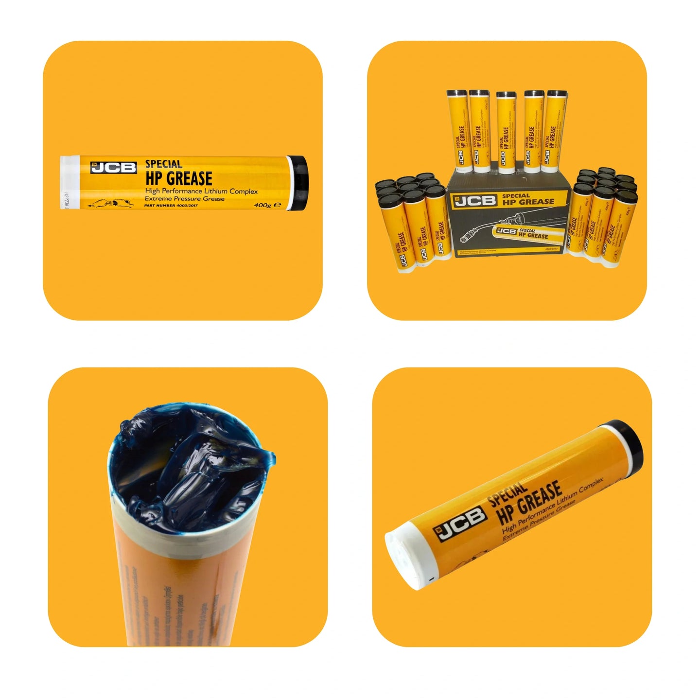 Smar JCB Special HP Grease tuba 400g cztery ujęcia pojedyncza tuba zbiorcze opakowanie z tubami otwarta tuba z widocznym smarem i tuba pod kątem