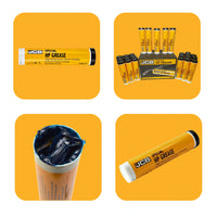 Smar JCB Special HP Grease tuba 400g cztery ujęcia pojedyncza tuba zbiorcze opakowanie z tubami otwarta tuba z widocznym smarem i tuba pod kątem