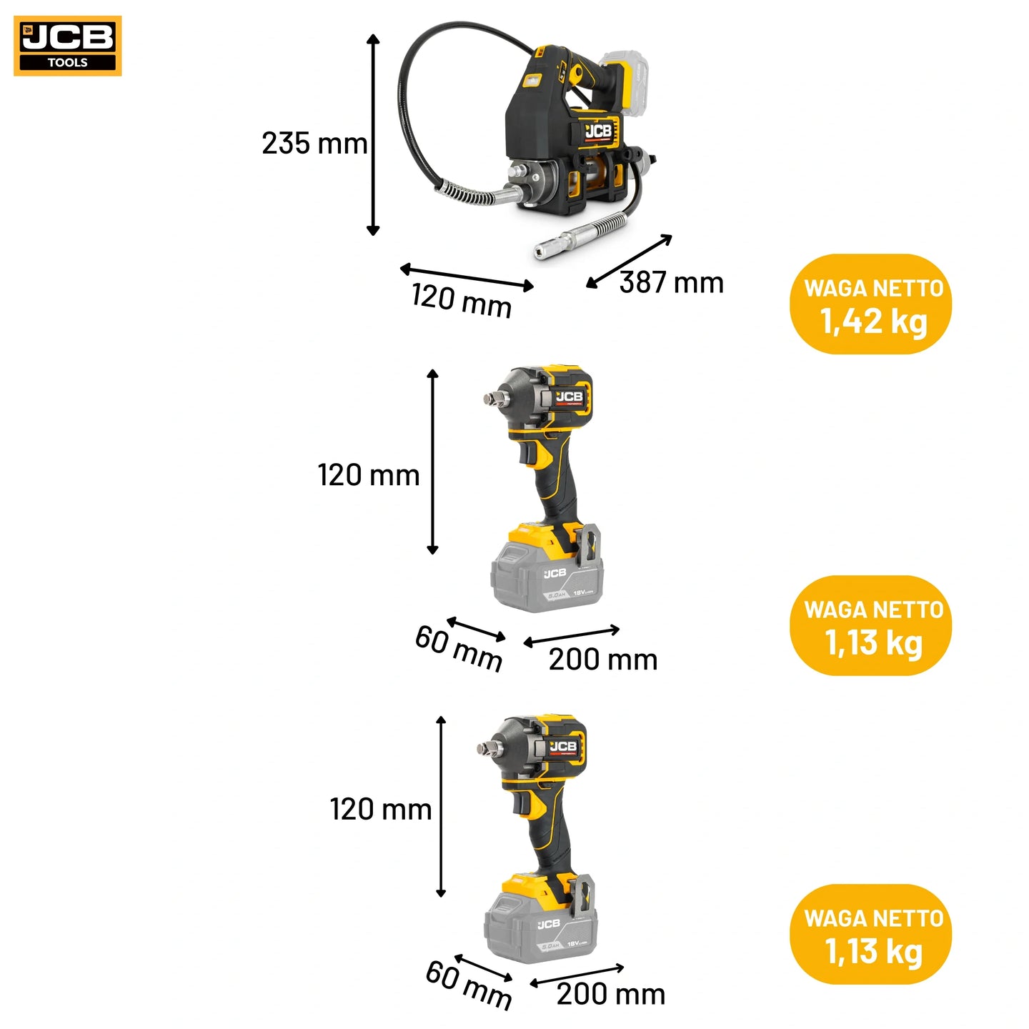 Wymiary zestawu JCB PRO18V-SERVKIT-zestaw-2 smarownica 235×120×387 mm waga 1,42 kg klucz udarowy 620Nm 120×60×200 mm waga 1,13 kg klucz udarowy 350Nm 120×60×200 mm waga 1,13 kg