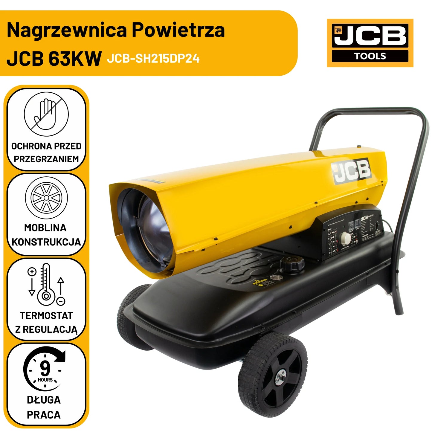 Infografika nagrzewnicy JCB SH215DP24 63KW z tekstem Nagrzewnica Powietrza JCB 63KW i ikonami: ochrona przed przegrzaniem, mobilna konstrukcja, termostat z regulacją, długa praca 9h