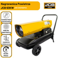 Infografika nagrzewnicy JCB SH215DP24 63KW z tekstem Nagrzewnica Powietrza JCB 63KW i ikonami: ochrona przed przegrzaniem, mobilna konstrukcja, termostat z regulacją, długa praca 9h