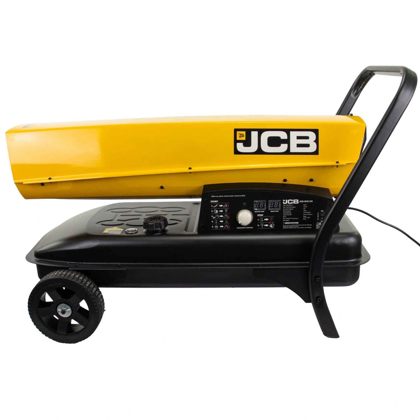 Nagrzewnica JCB SH215DP24, żółto-czarna, ujęcie z lewego boku na białym tle