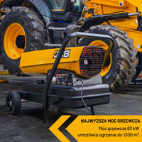 Nagrzewnica JCB SH215DP24 podczas pracy, widok z tyłu z wentylatorem, w tle maszyna JCB, tekst: Najwyższa moc grzewcza 63 kW