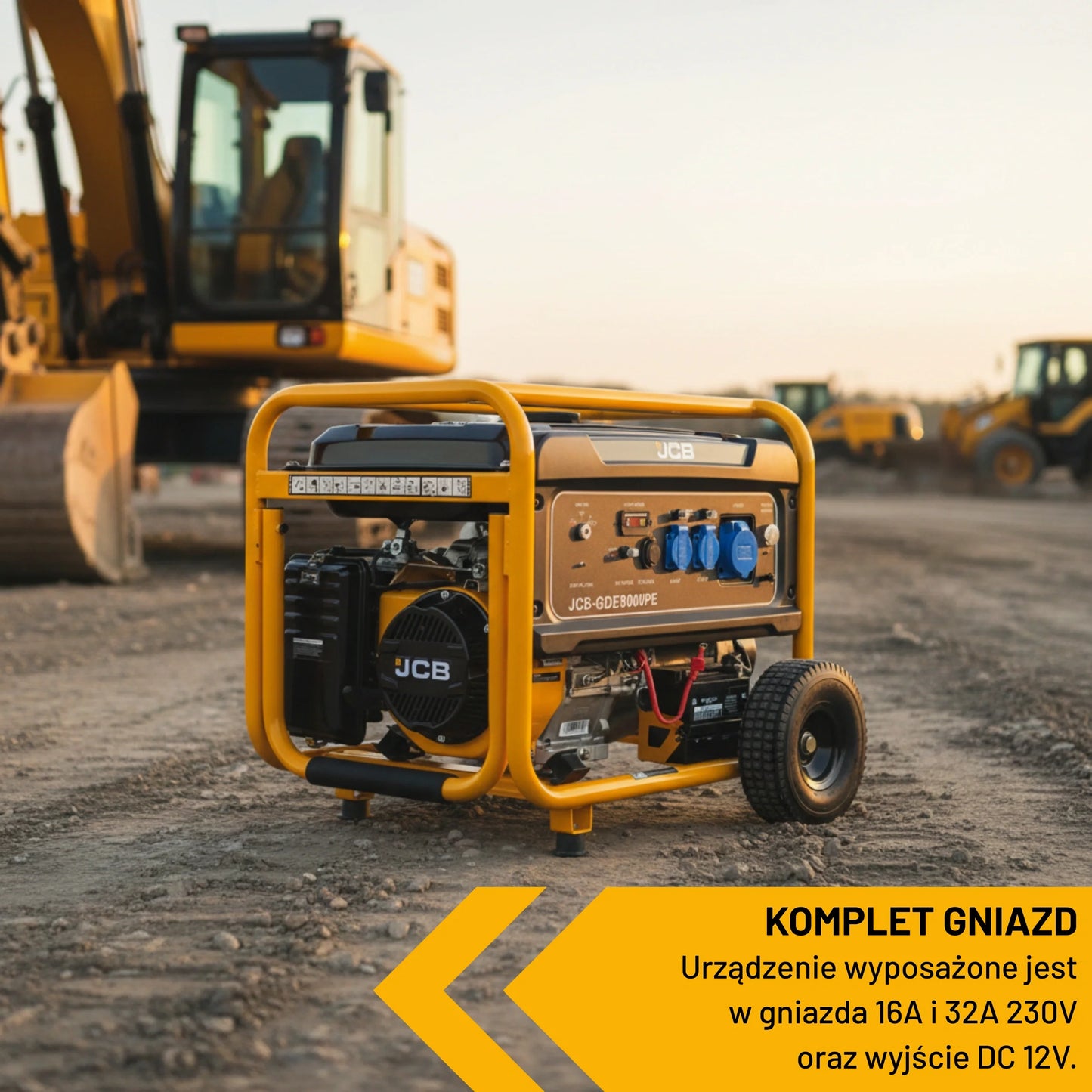 Agregat do prądu JCB GDE8000PE 7.9 kW na placu budowy widok z parametrami gniazda 16A 32A 230V i wyjście DC 12V