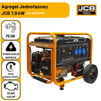 Agregat prądotwórczy JCB GDE8000PE 7.9 kW z podwójnym systemem rozruchu elektrycznym i ręcznym widok w hali z parametrami