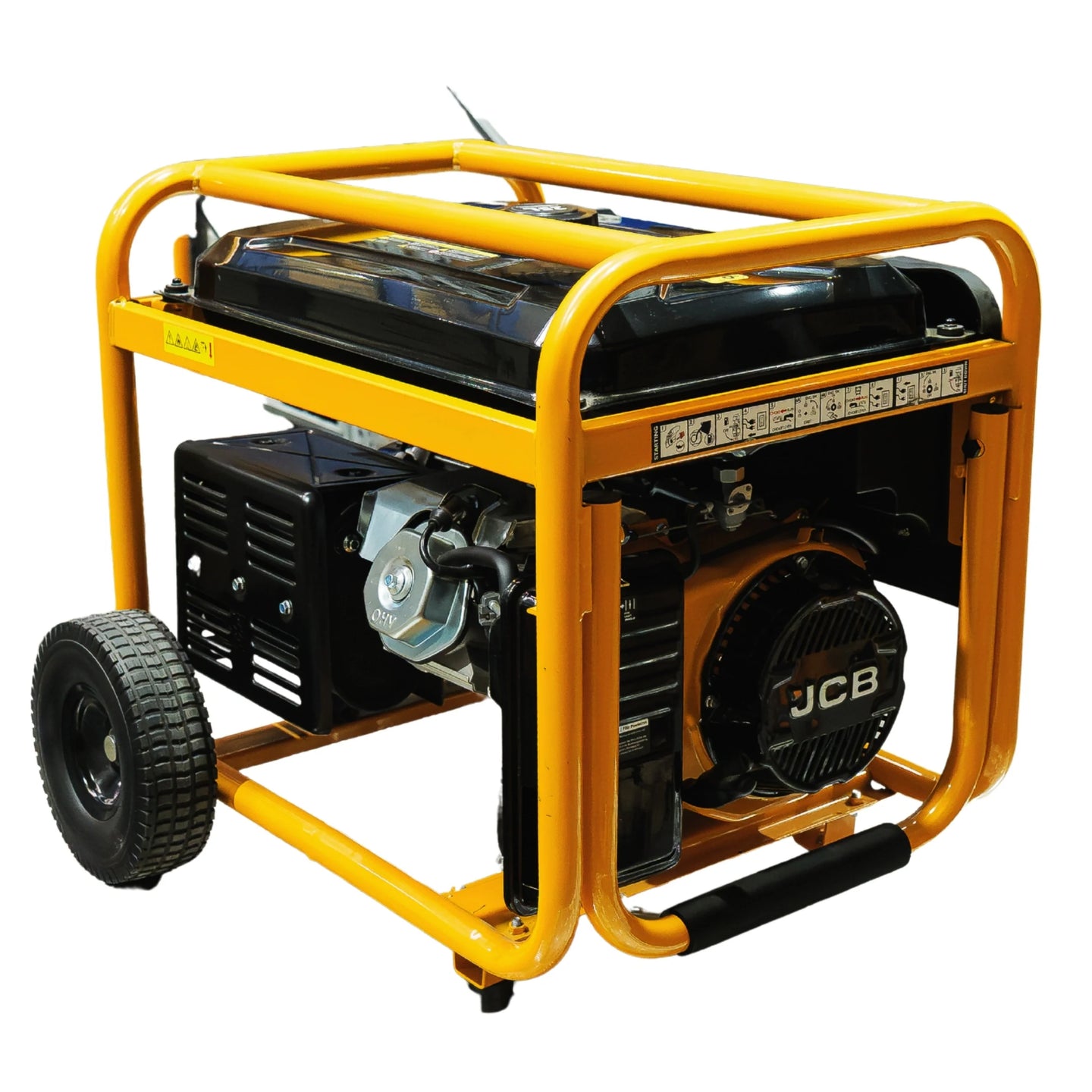 Agregat elektryczny JCB GDE8000PE 7.9 kW z żółtą ramą ochronną widok skośny z lewej strony na silnik OHV i wentylator