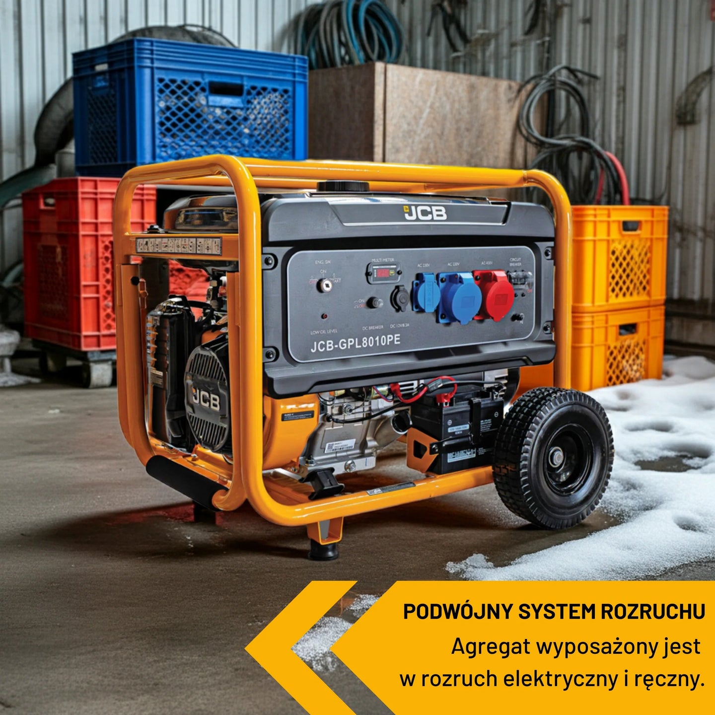 Agregat prądotwórczy JCB GDE8000PE 7.9 kW w hali widok z parametrami podwójny system rozruchu elektryczny i ręczny