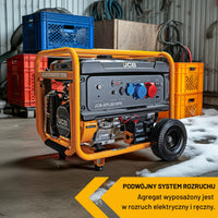 Agregat prądotwórczy JCB GDE8000PE 7.9 kW w hali widok z parametrami podwójny system rozruchu elektryczny i ręczny