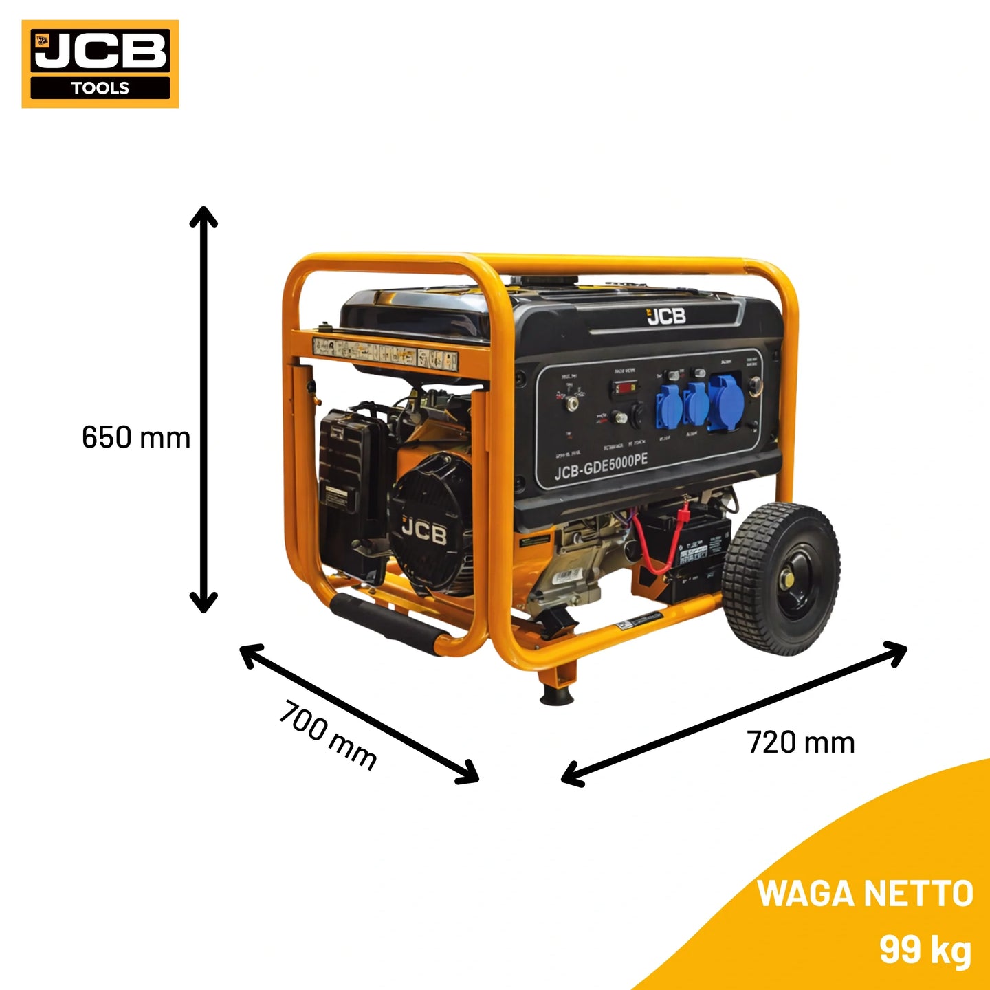 Generator elektryczny JCB GDE8000PE 7.9 kW wymiary 650x700x720 mm waga netto 99 kg schemat z oznaczeniami
